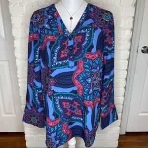 Denim & Co Blue Floral Long Sleeve Blouse M —#011